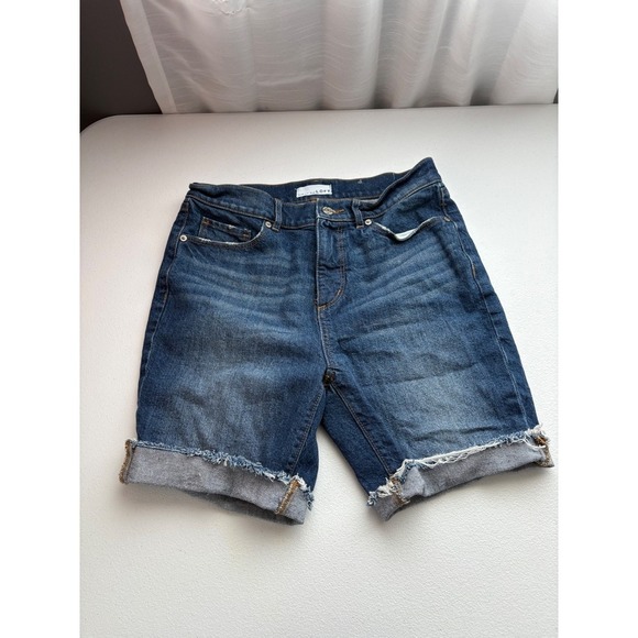 LOFT Denim Bermuda Shorts Frayed Hem Cuffed Dark Wash Womens Size 26 - Picture 1 of 6